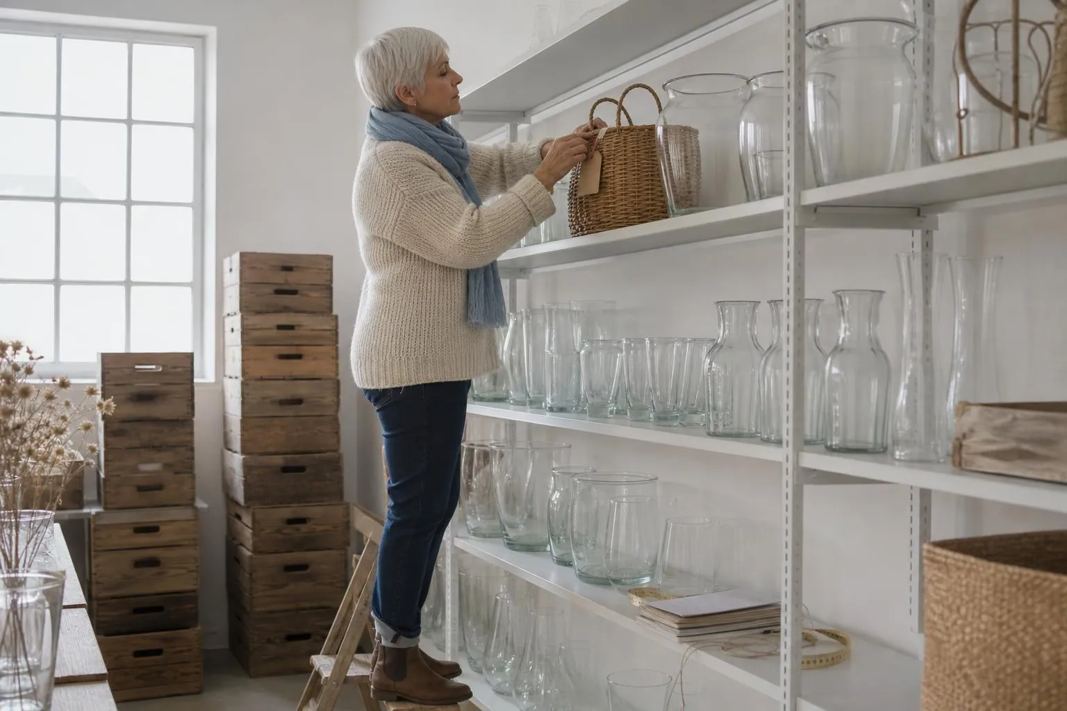 Loueuse réalisant l’inventaire d’hiver dans sa réserve, étiquette à la main devant des étagères blanches remplies de vases en verre
