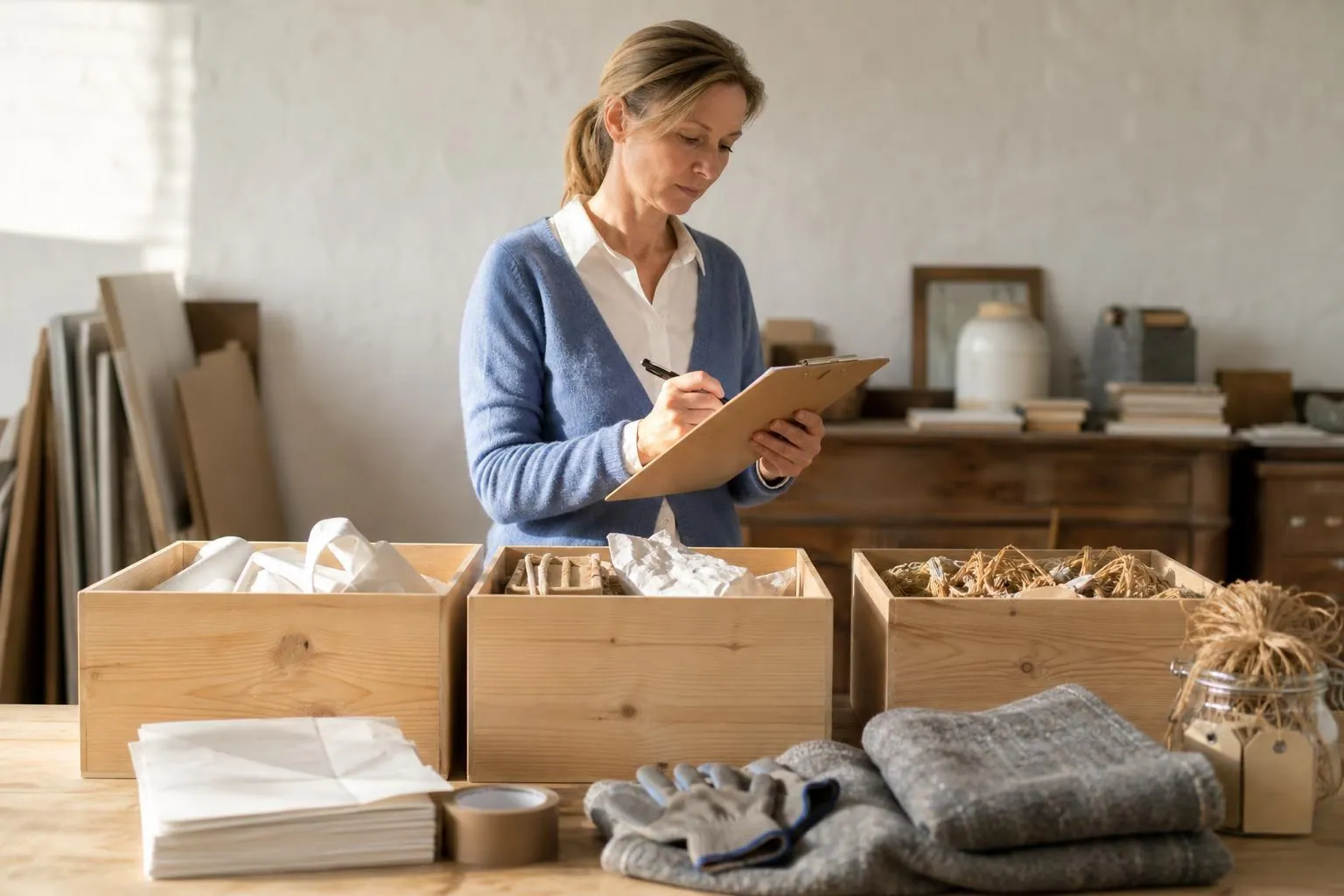 Loueuse cochant un bon de préparation papier sur une planche à pince devant des caisses numérotées et des piles de papier de soie
