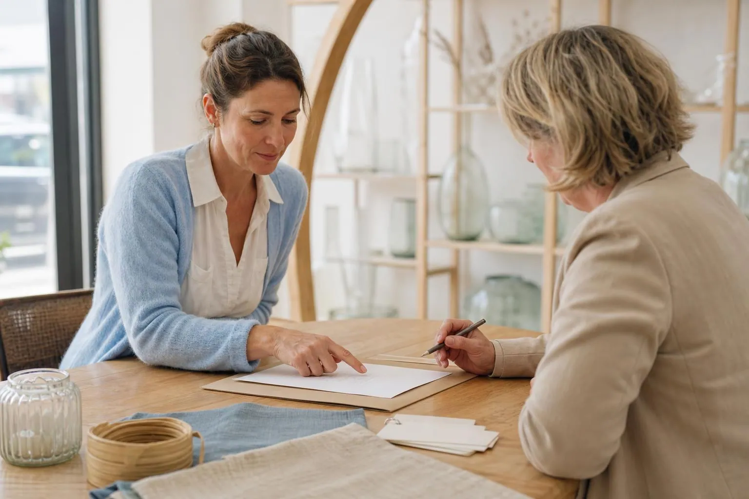 Deux femmes assises à une table de showroom relisent un contrat de location papier posé sur une pochette cartonnée, à côté d’échantillons de tissu et d’un photophore