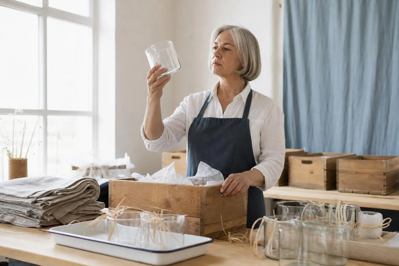 Loueuse de décoration examinant un photophore en verre fêlé posé sur une table de tri, au milieu de caisses de retour ouvertes dans une réserve claire