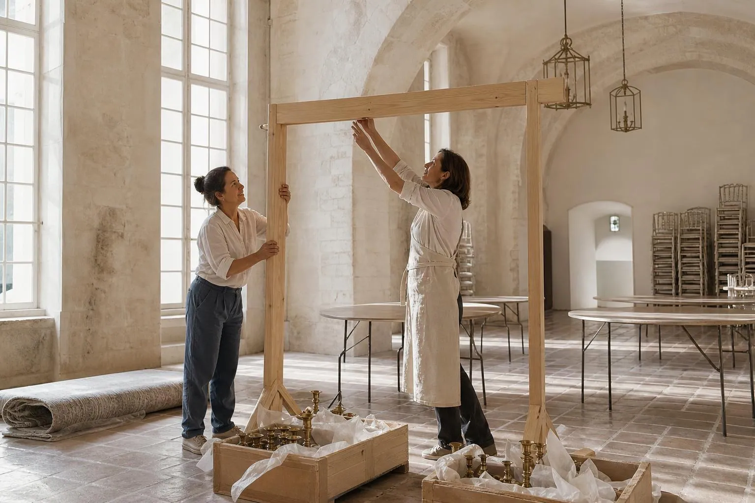Deux femmes assemblent une arche en bois clair dans une salle de réception voûtée, entourées de caisses de chandeliers et d’un tapis roulé