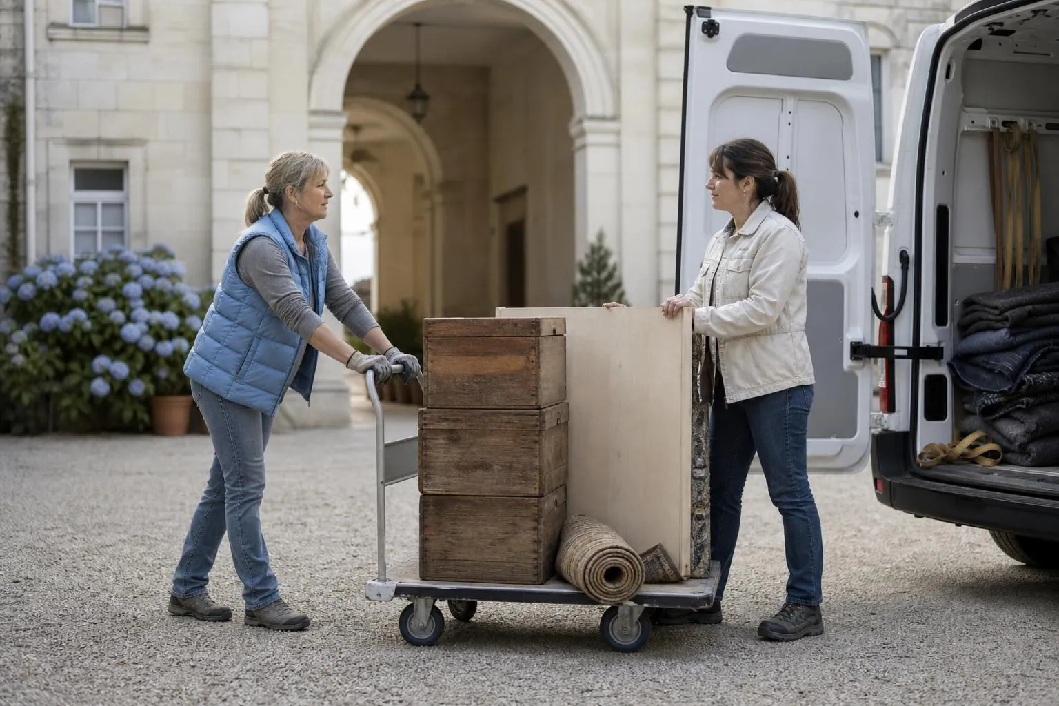 Deux femmes déchargent un chariot de caisses de décoration devant le porche d’un domaine de réception, hayon d’utilitaire ouvert sur une cour gravillonnée
