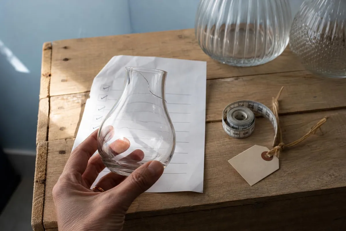 Gros plan sur une fiche d’état de retour papier posée sur une caisse en bois, à côté d’un photophore en verre fêlé, d’un mètre ruban et d’une étiquette d’inventaire