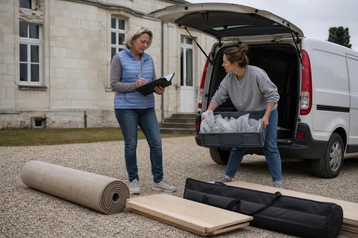 Deux femmes chargent des caisses de vases et des chandeliers dans un utilitaire blanc devant une salle de réception française, en vérifiant une liste papier
